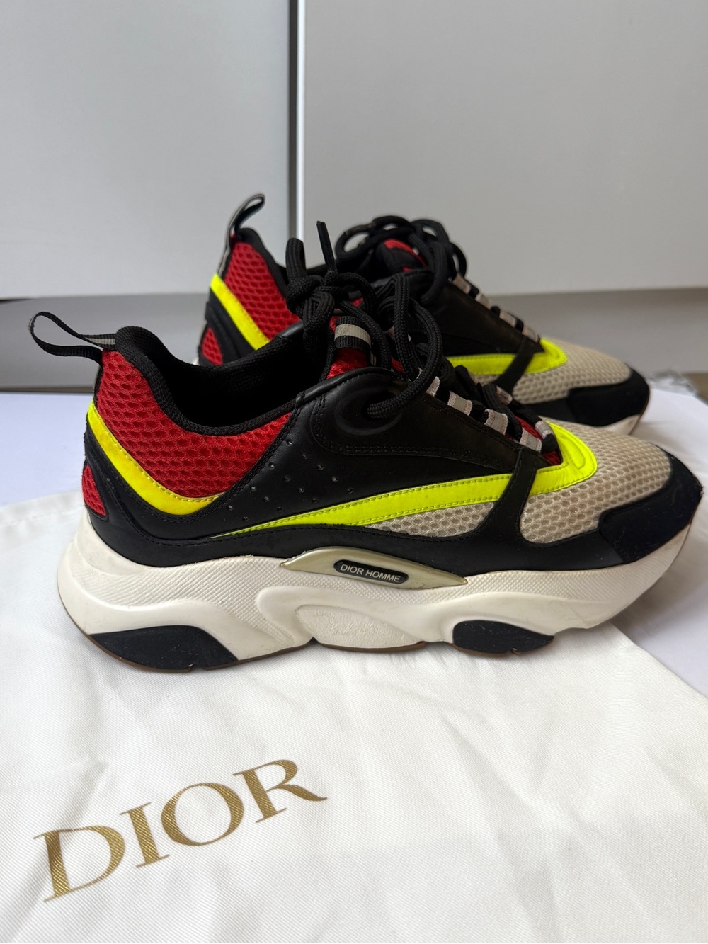 Sneakers Dior Homme Black, Red & Neon Yellow Mesh Leather Used Like New